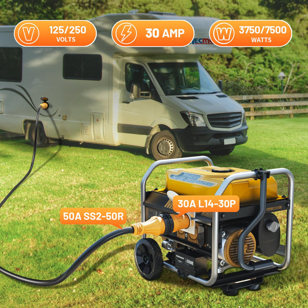 MECMO adapter in use between generator and RV inlet showing convenient power transfer