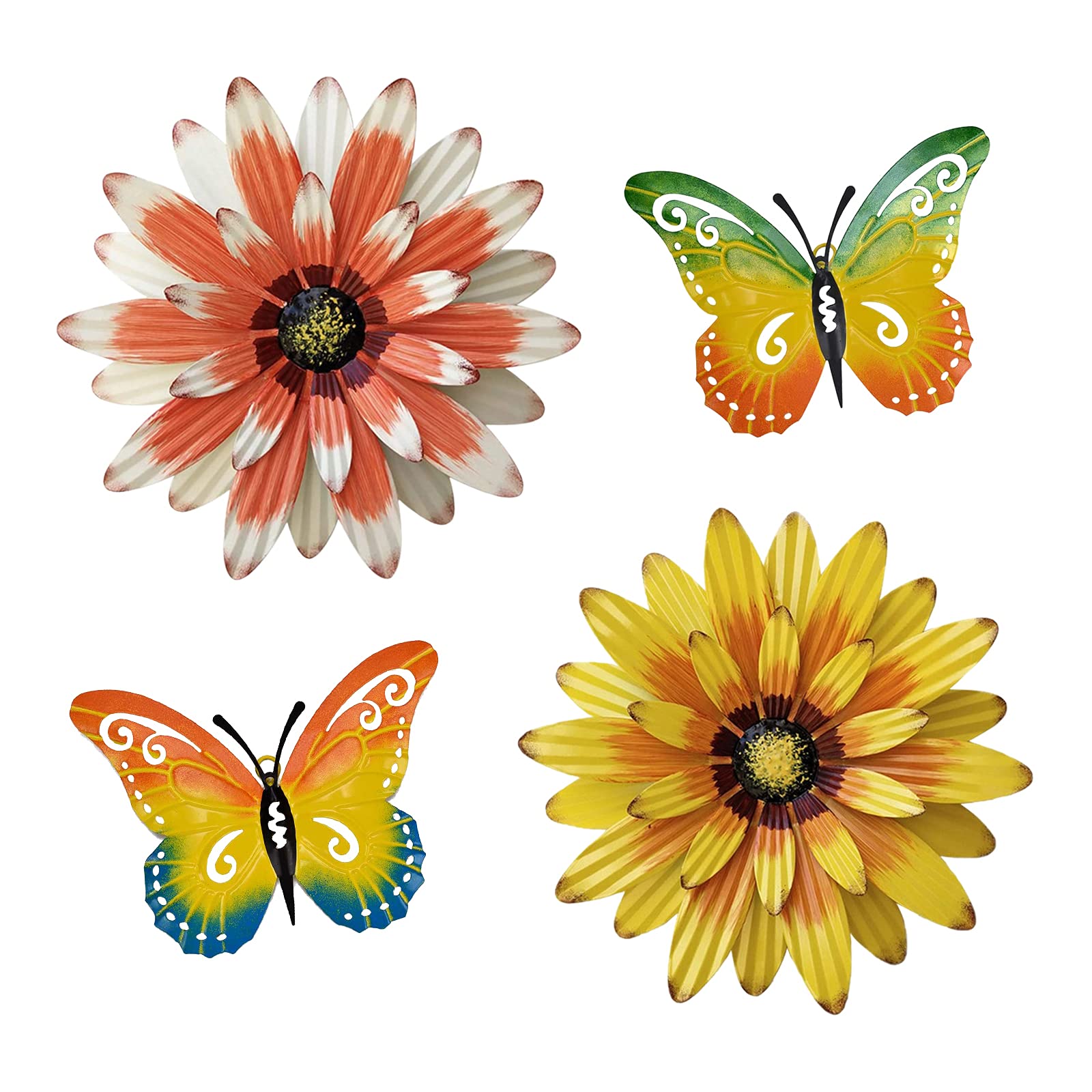 Meduofon four-piece set front view showing colorful metal flowers and butterfly benefit: instant decor