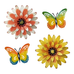 Meduofon four-piece set front view showing colorful metal flowers and butterfly benefit: instant decor
