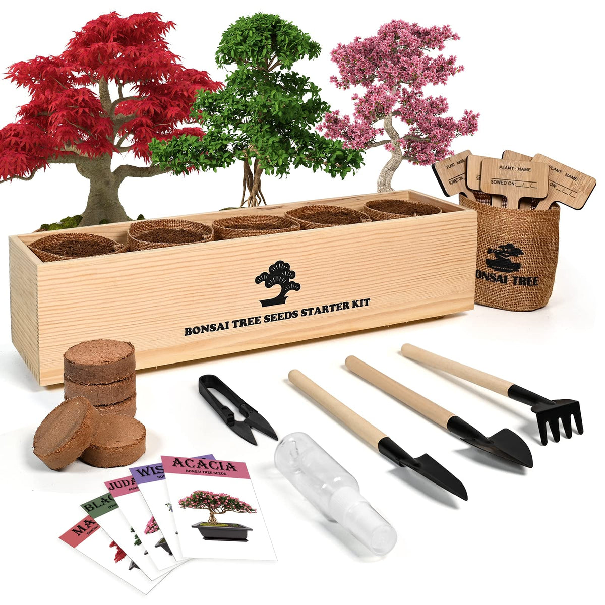 Meekear front packaging showing complete bonsai starter kit and contents