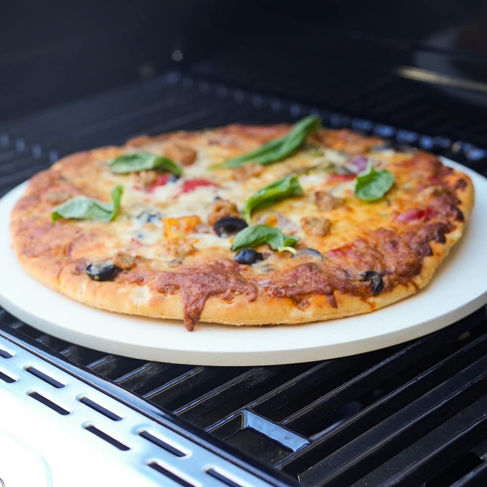 Megamaster baked pizza on stone showing crisp crust and professional browning benefit