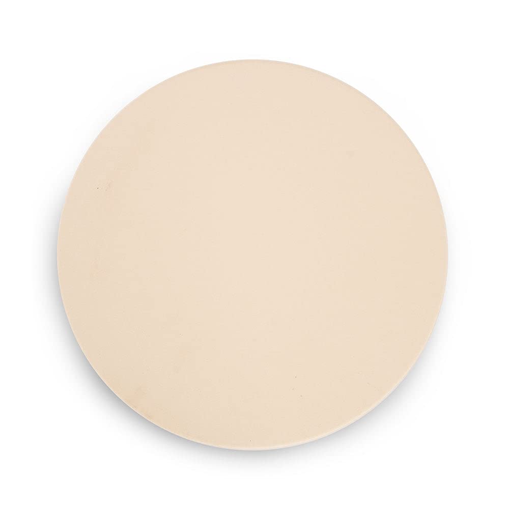 Megamaster front view of round pizza stone showing clean surface and branding for even baking