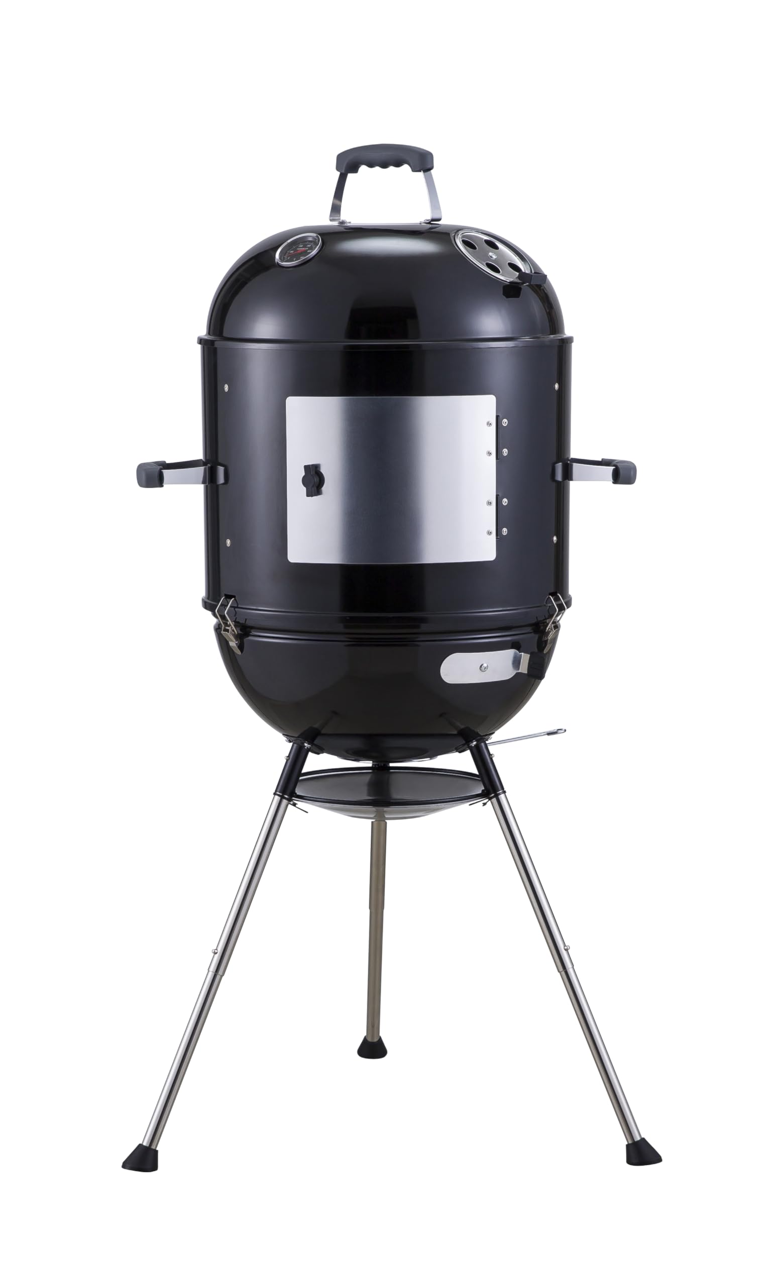 Megamaster front view showing compact 4-in-1 grill and smoker delivering versatility