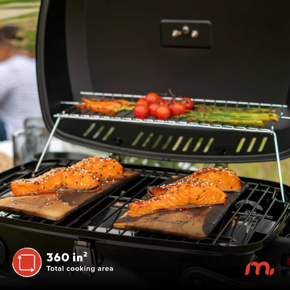 Megamaster cooking grates detail showing porcelain-enameled firebox benefit: even heat retention