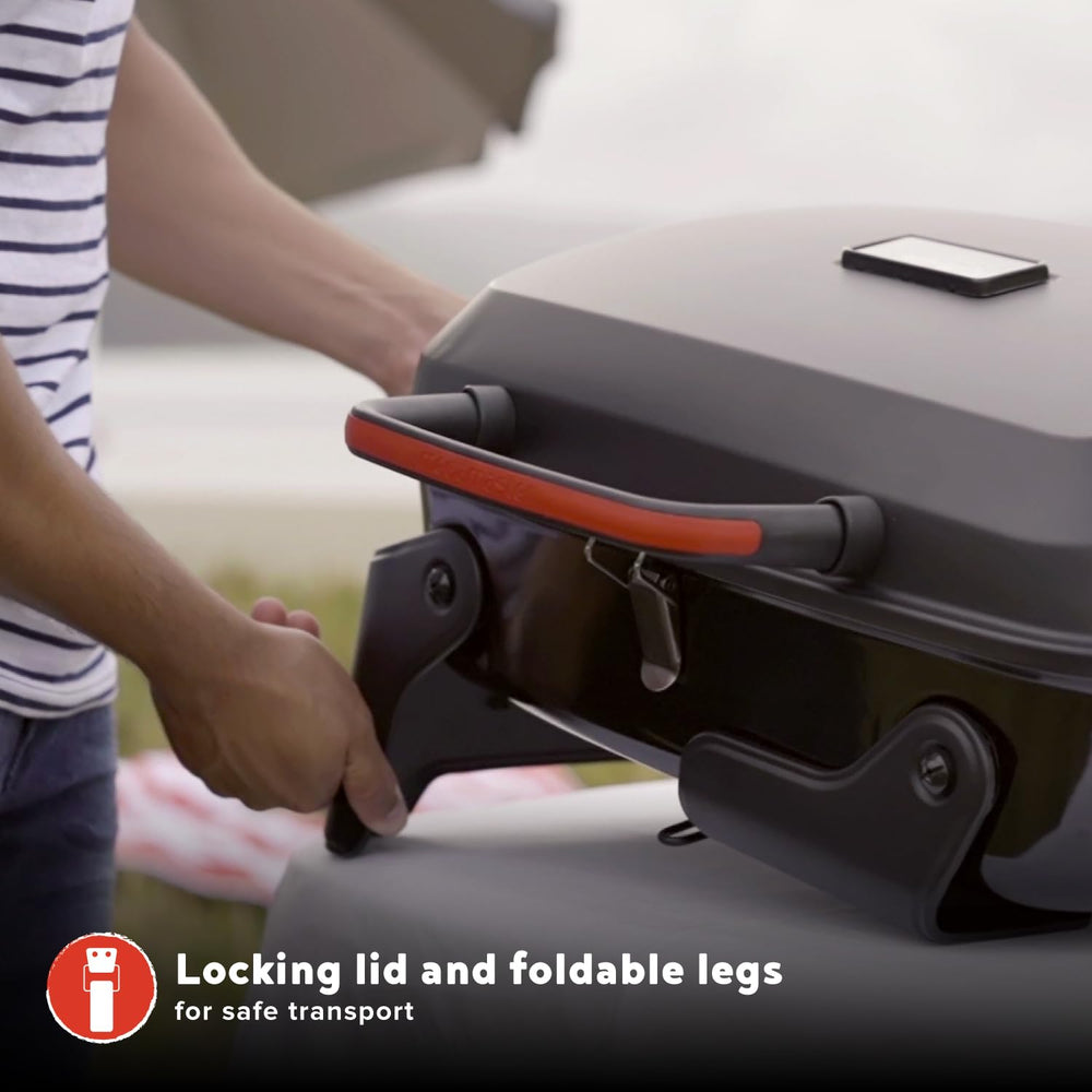 Megamaster tabletop grill at a tailgate cooking burgers benefit: convenient outdoor entertaining