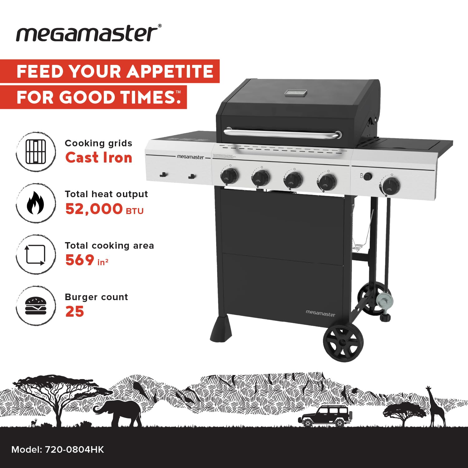 Megamaster open grill with steaks and vegetables demonstrating large cooking area