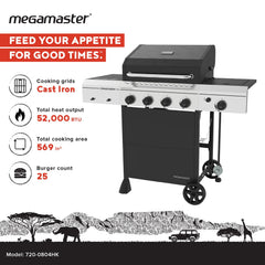 Megamaster open grill with steaks and vegetables demonstrating large cooking area