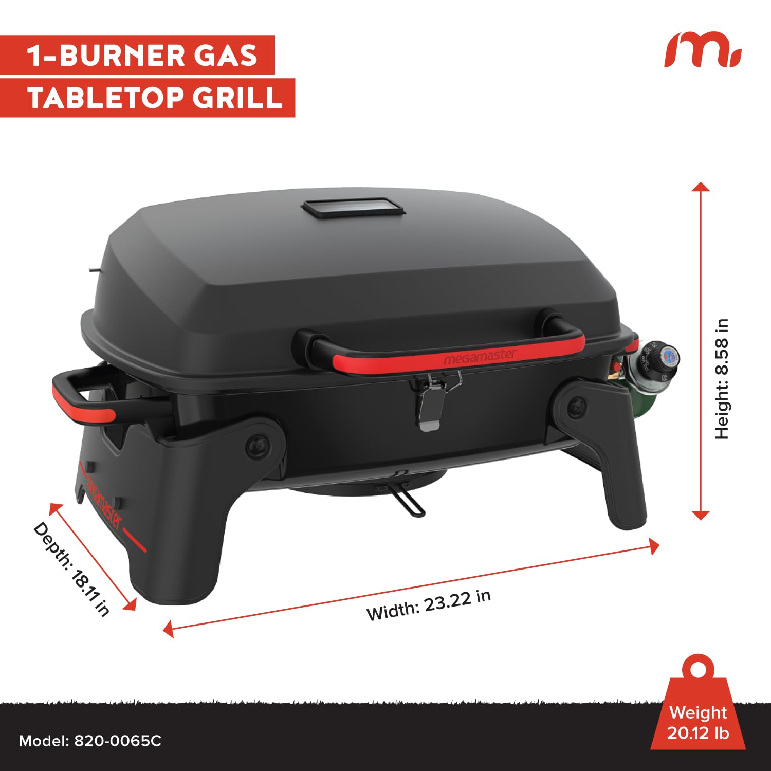 Megamaster next to propane canister to show scale benefit: ideal for travel and camping