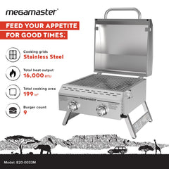 Megamaster close-up of stainless-steel cooking grid showing even-heat benefit and easy cleaning