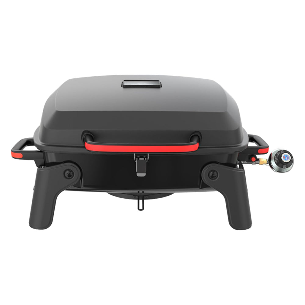 Megamaster front view showing compact portable grill and sturdy construction benefit: easy transport