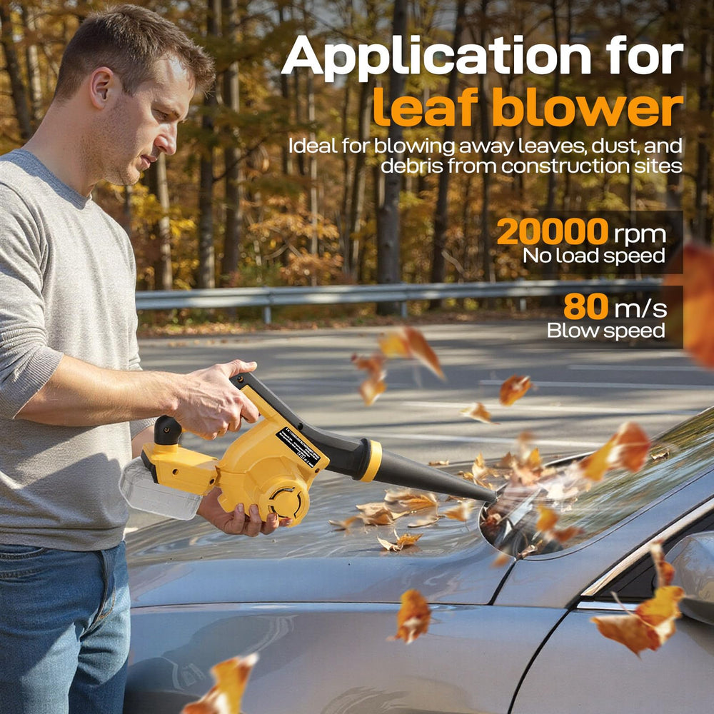 MekiPow clearing leaves on a driveway as a blower for fast outdoor cleanup