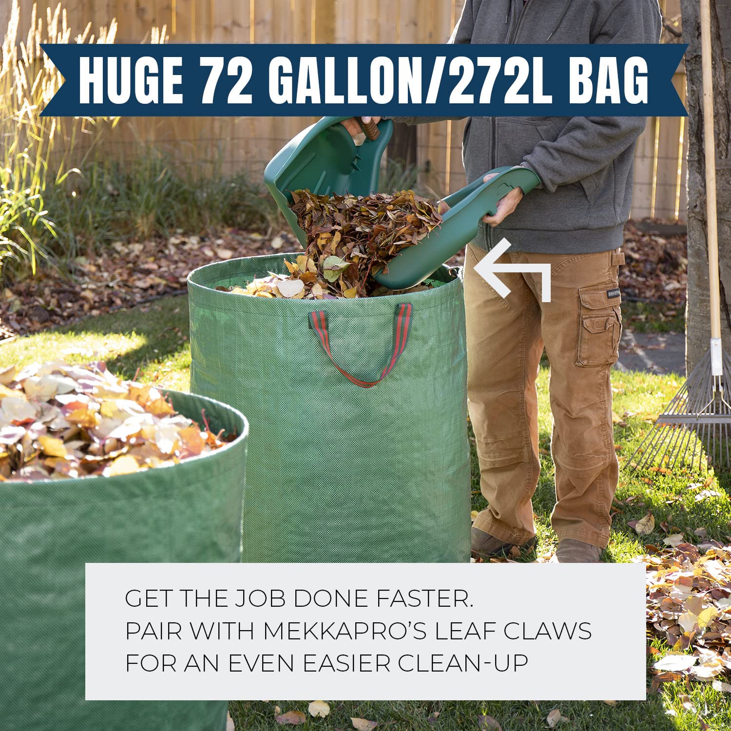 MEKKAPRO full 72 gallon bag in yard demonstrating large-volume capacity