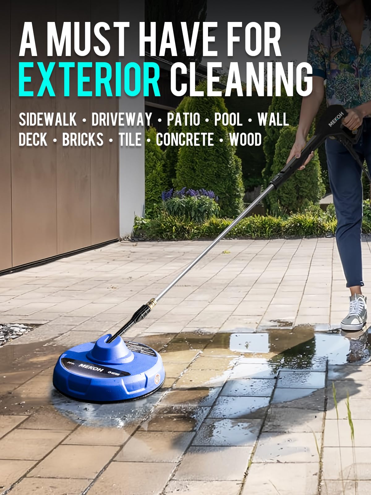 MEKOH attachment cleaning a patio demonstrating safe, efficient outdoor maintenance