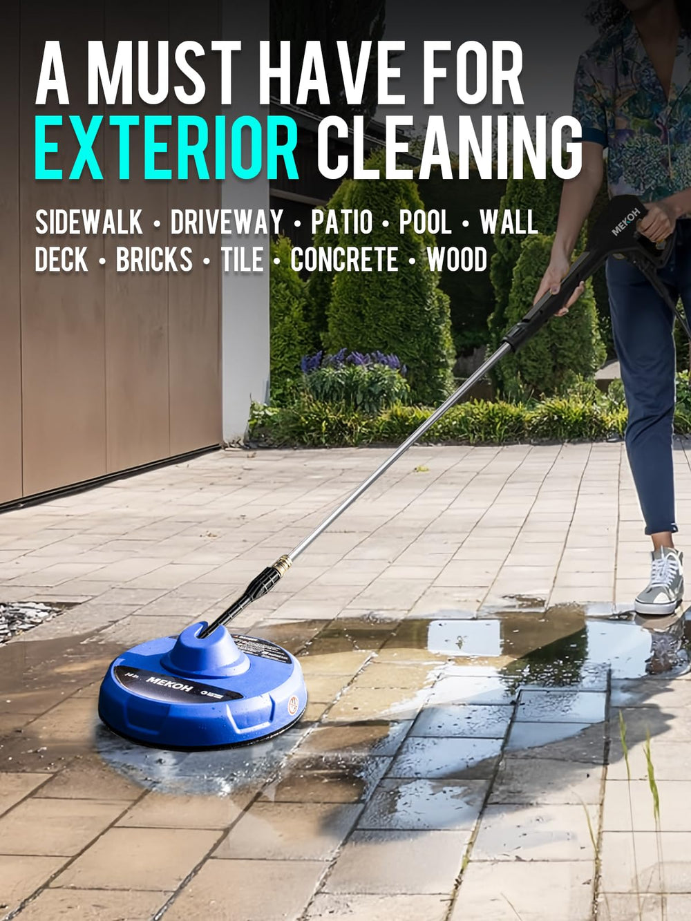 MEKOH attachment cleaning a patio demonstrating safe, efficient outdoor maintenance