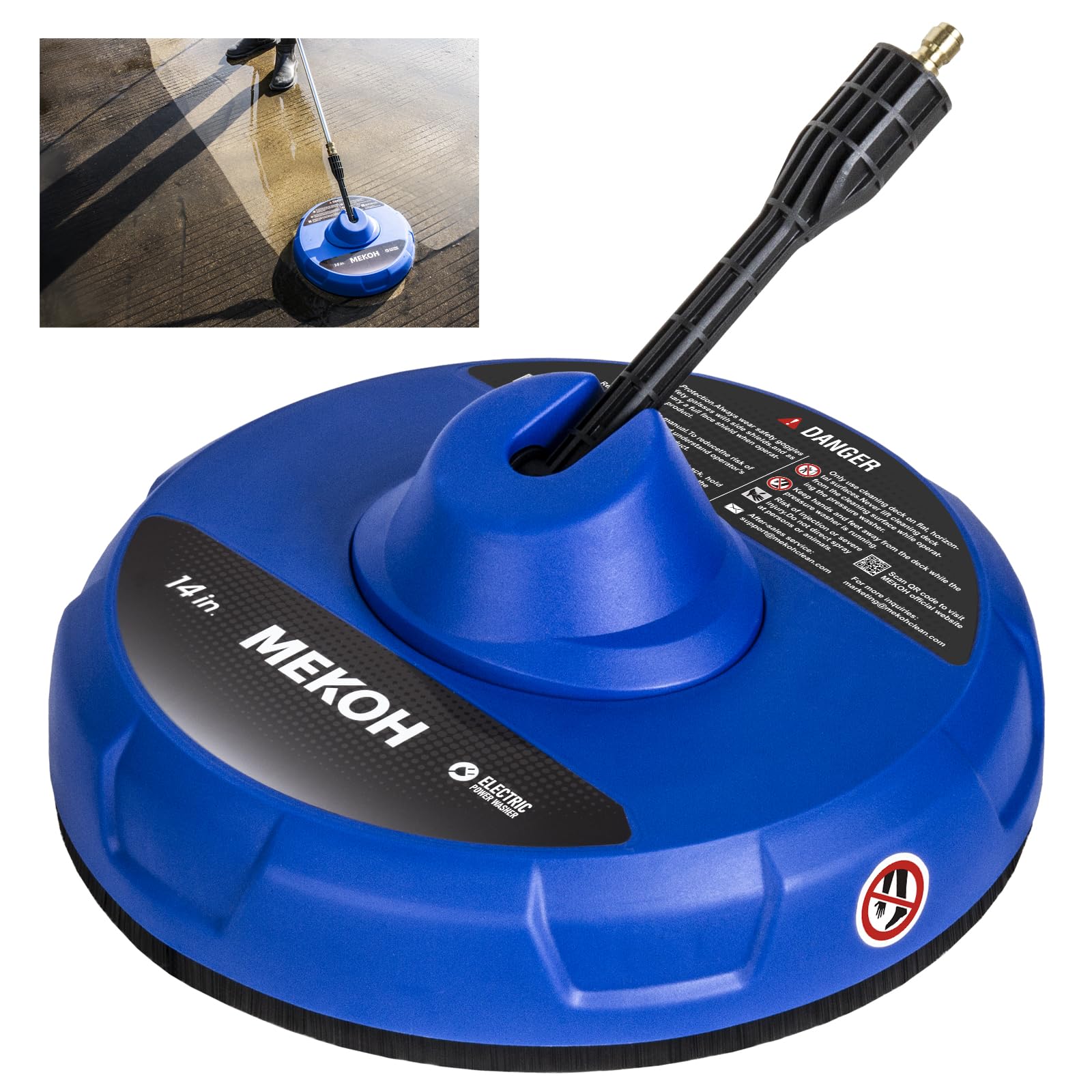 MEKOH front view of 14-inch surface cleaner showing durable housing and broad coverage benefit