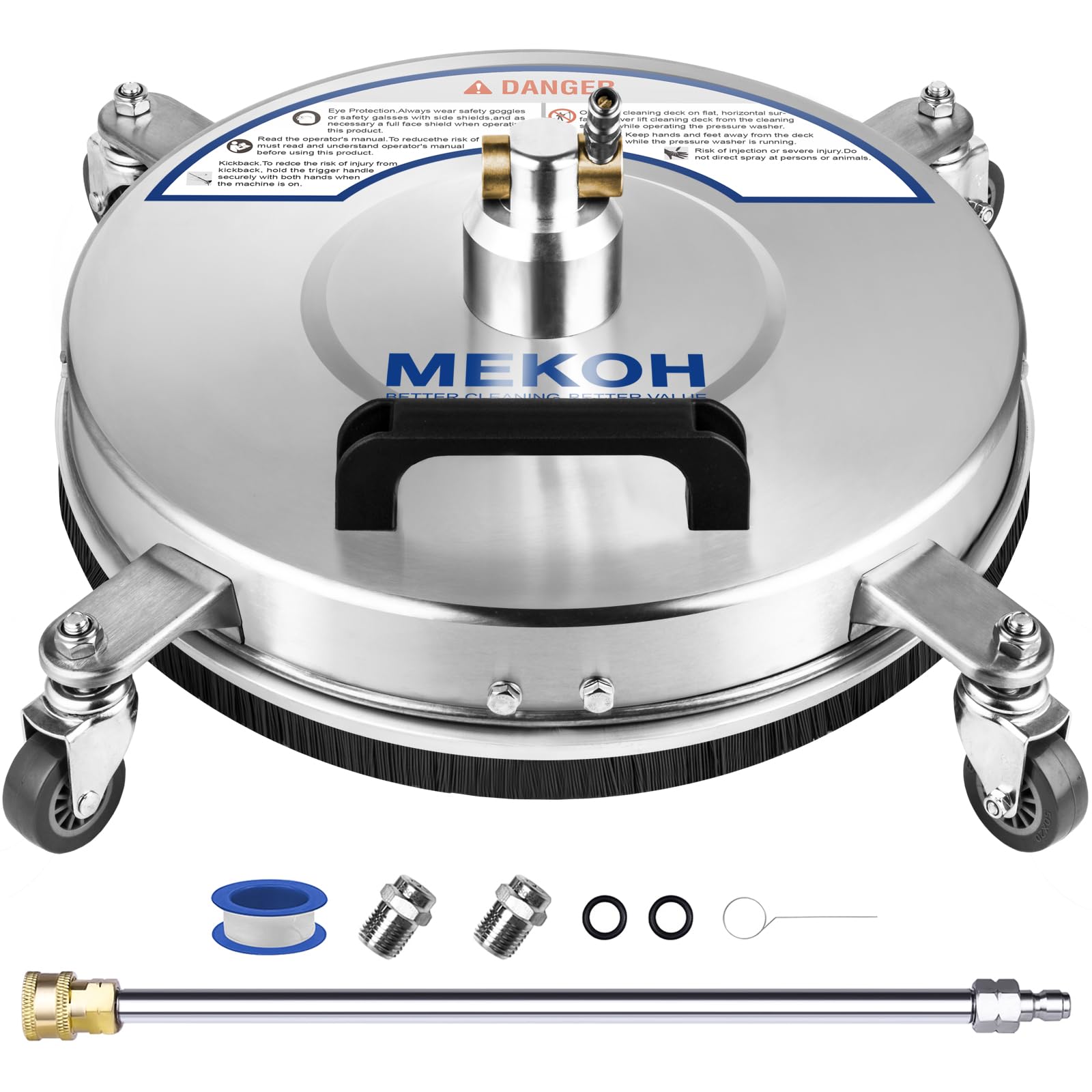 MEKOH front view of 14-inch surface cleaner showing sturdy stainless housing and wheels for fast cleaning