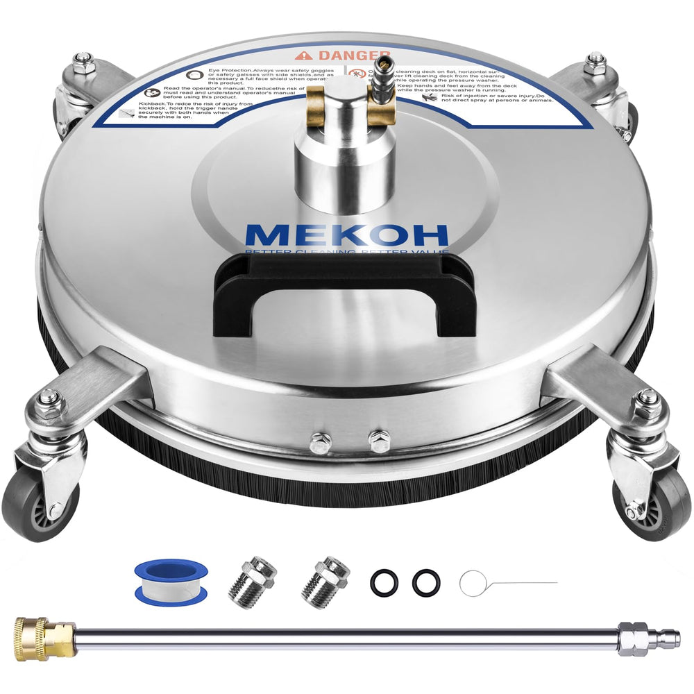 MEKOH front view of 14-inch surface cleaner showing sturdy stainless housing and wheels for fast cleaning