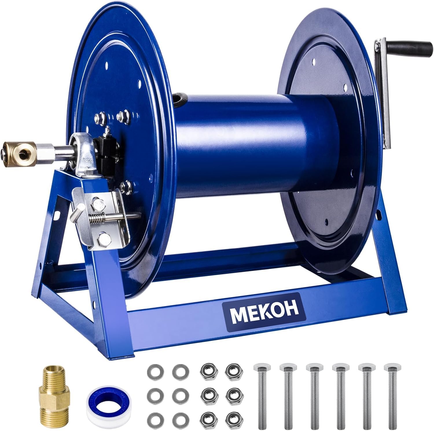 MEKOH reel front view mounted showing durable steel frame and space savings