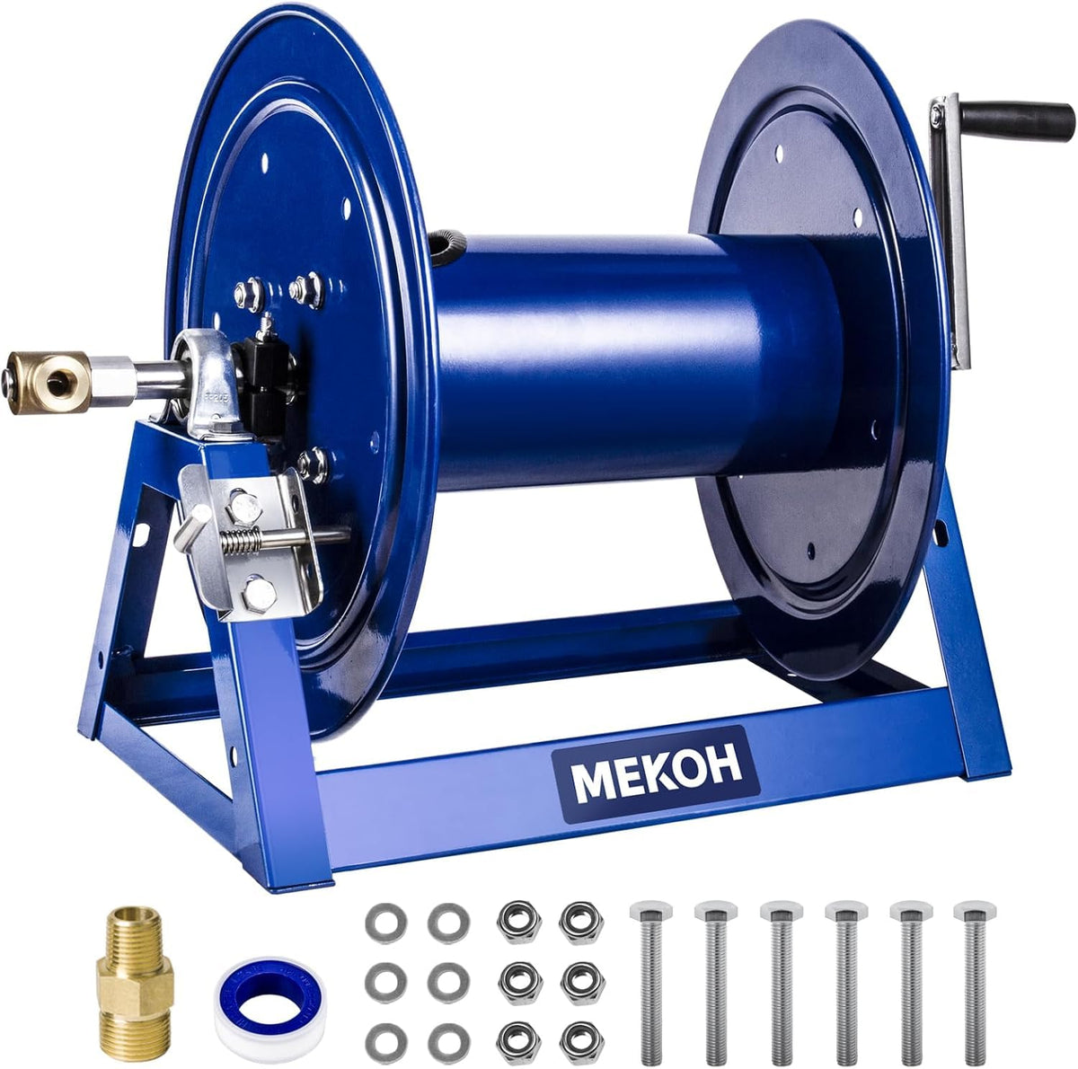 MEKOH reel front view mounted showing durable steel frame and space savings