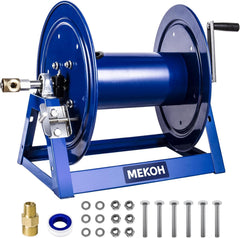 MEKOH reel front view mounted showing durable steel frame and space savings