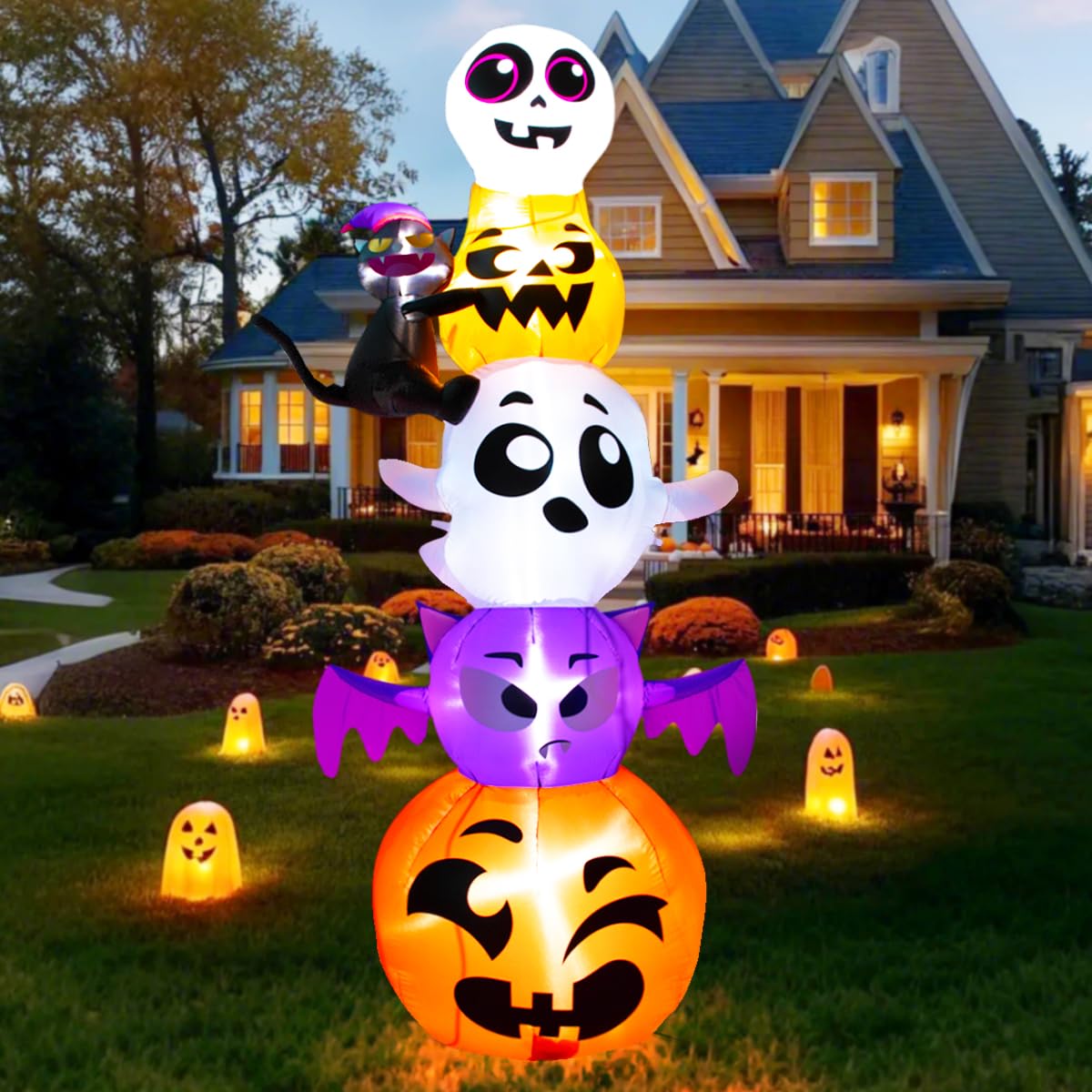 Meland front view of stacked characters showing tall festive presence