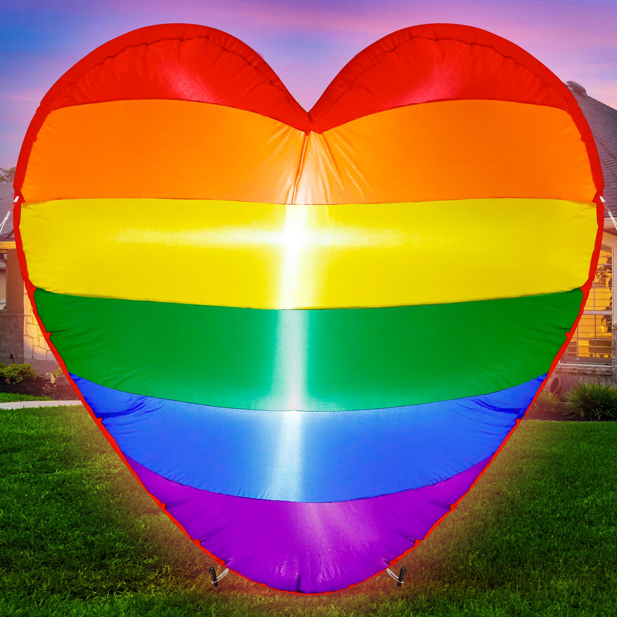 Melisheer front view rainbow heart inflatable showing bright pride stripes and clear message