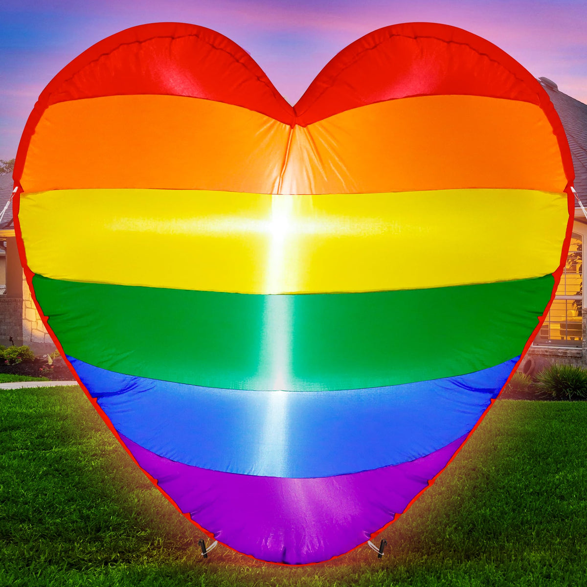 Melisheer front view rainbow heart inflatable showing bright pride stripes and clear message