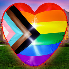 Melisheer front view heart inflatable showing Pride colors and bold presence