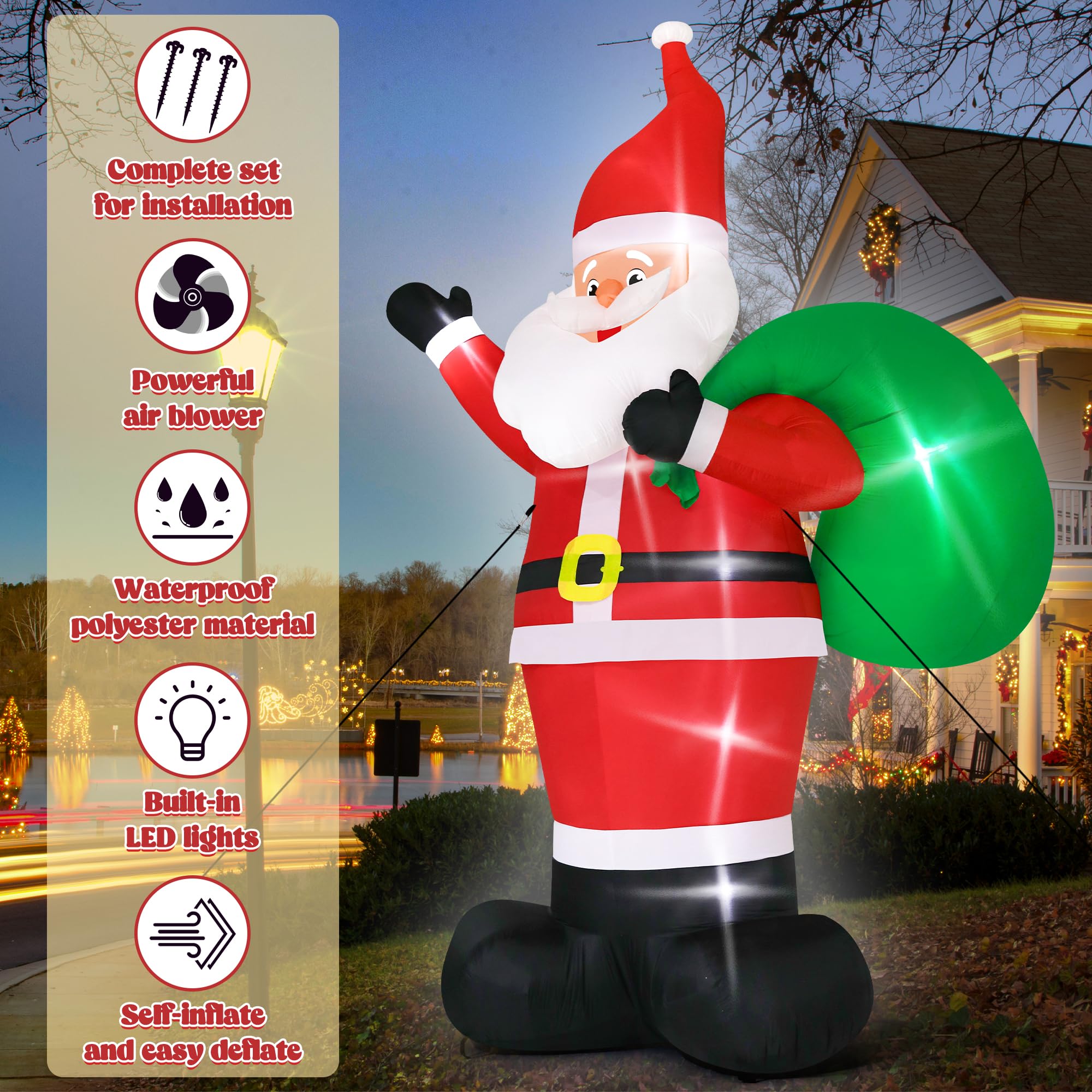 Melisheer Santa lit by LEDs at night for strong evening visibility