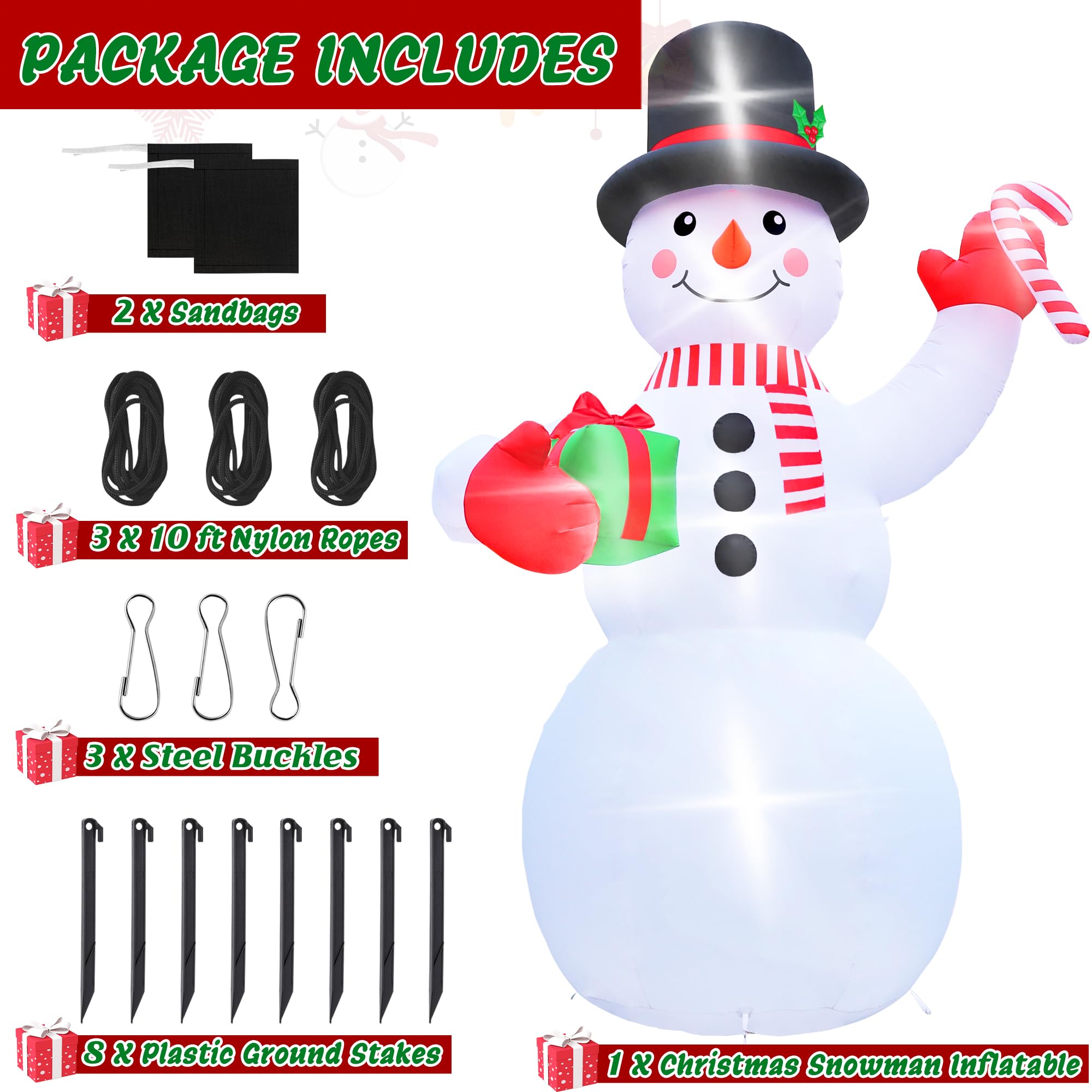 Melisheer snowman holding present and candy cane highlighting details