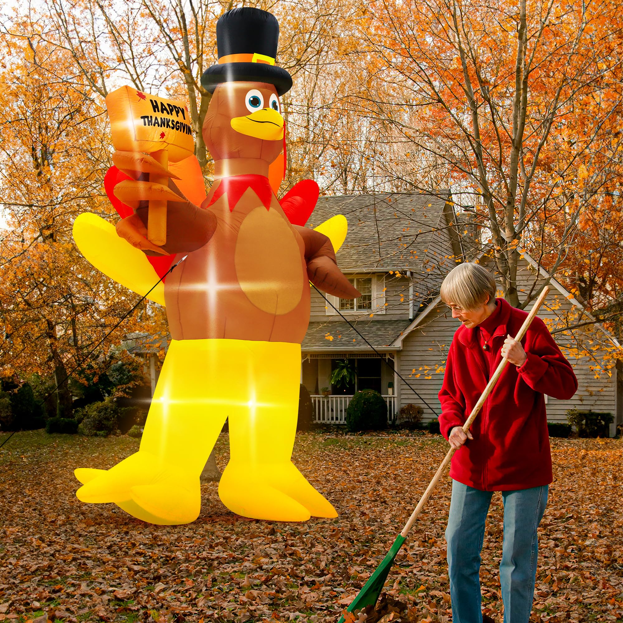 Melisheer turkey next to person showing scale and yard placement guidance