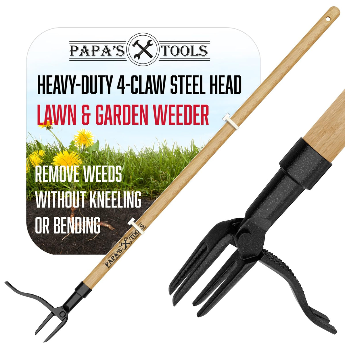 MELISSA AND HARRY front view of Papa's Tools weeder showing full length and ready-to-use benefit