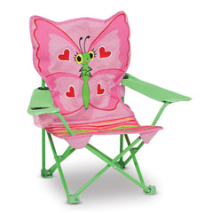 Melissa & Doug front view of Bella Butterfly chair showing colorful butterfly back and striped frame, inviting seating