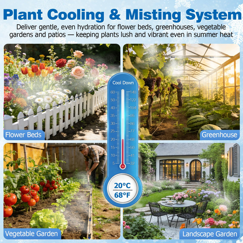 Mellbree misting line in use on patio providing cooling comfort for outdoor seating