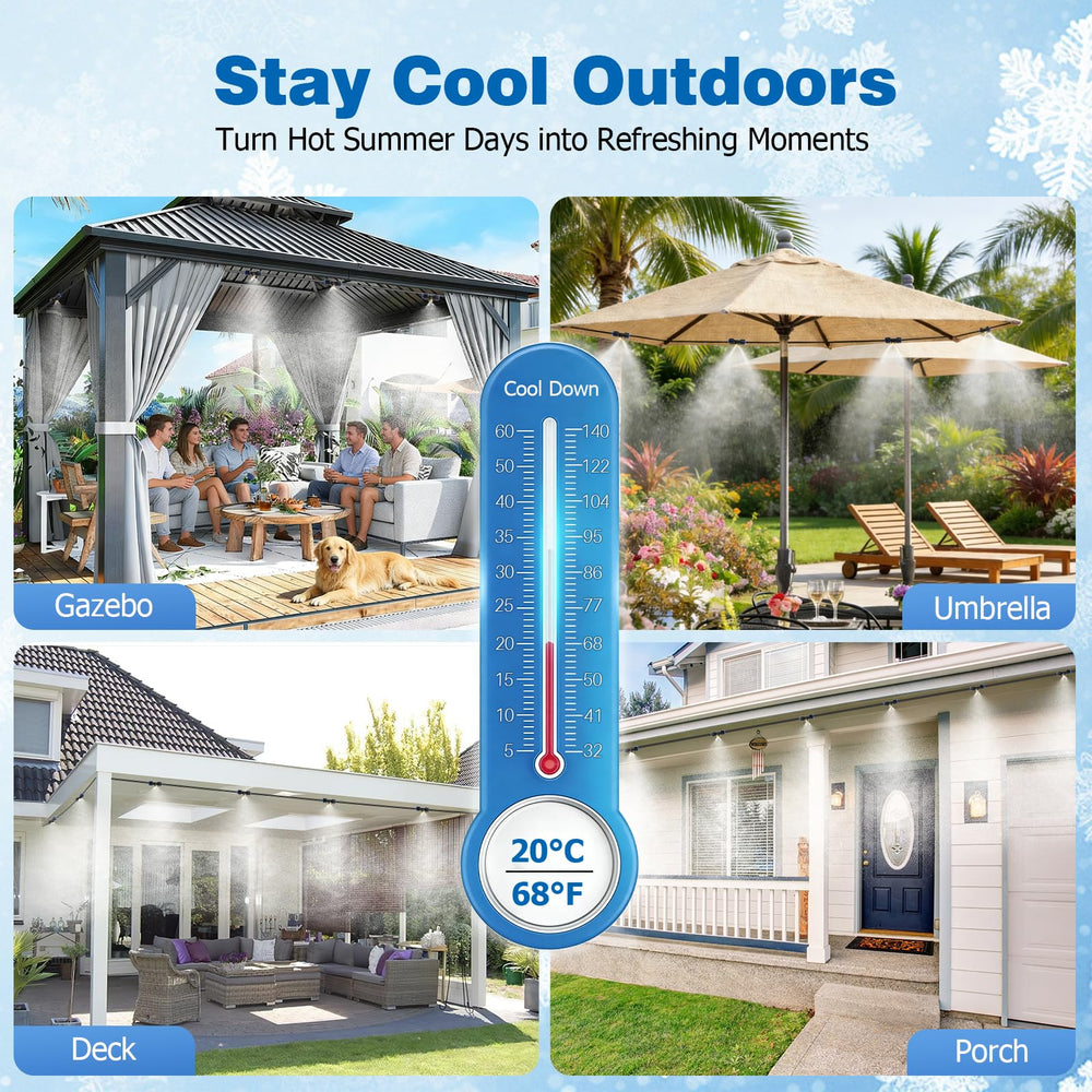Mellbree tubing laid along a patio rail delivering cool mist for outdoor comfort