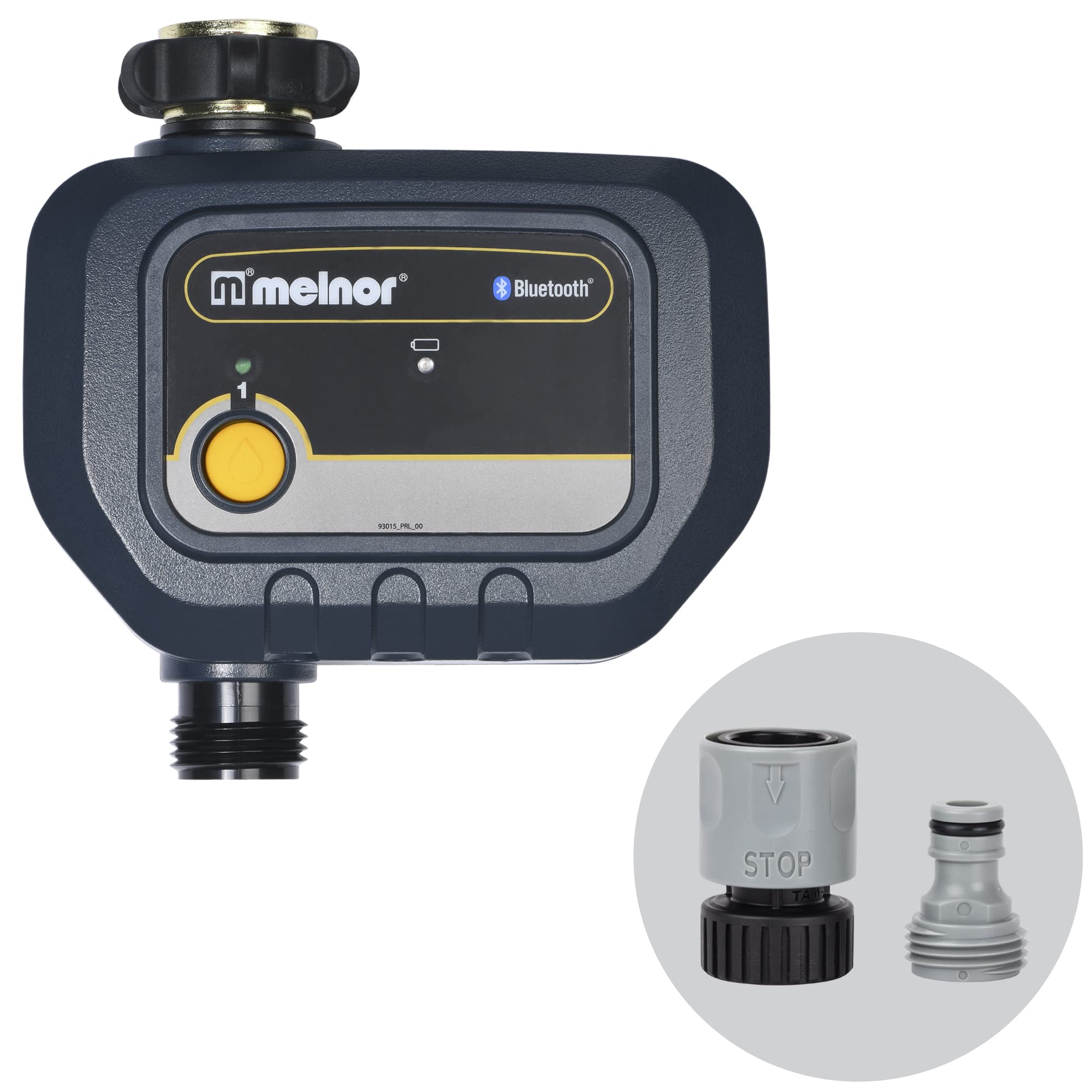 Melnor timer front view showing display and controls, easy setup benefit