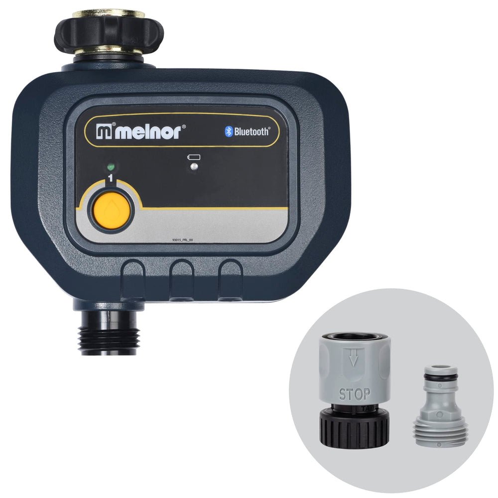 Melnor timer front view showing display and controls, easy setup benefit