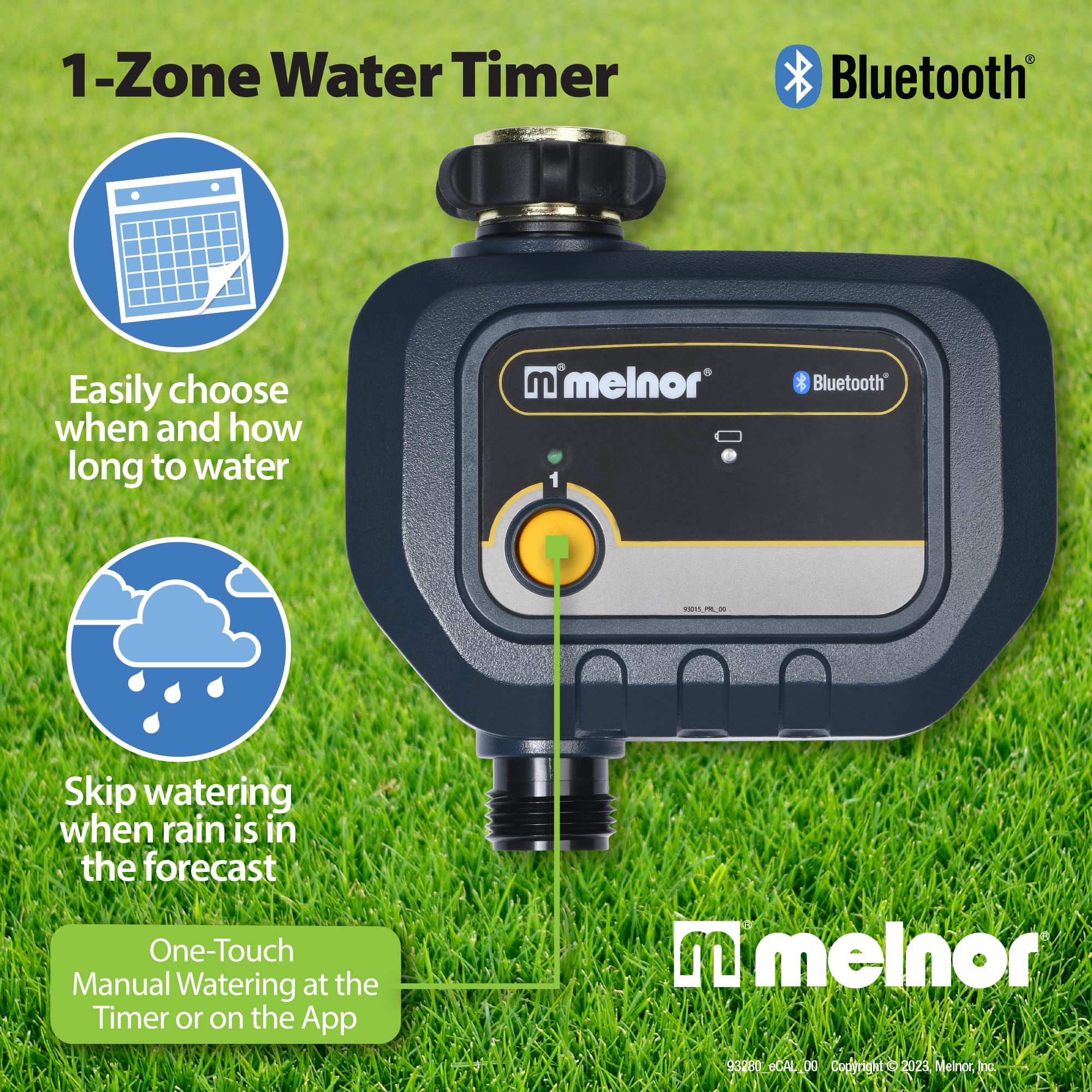 Melnor app control displayed on phone in hand, convenient remote scheduling benefit