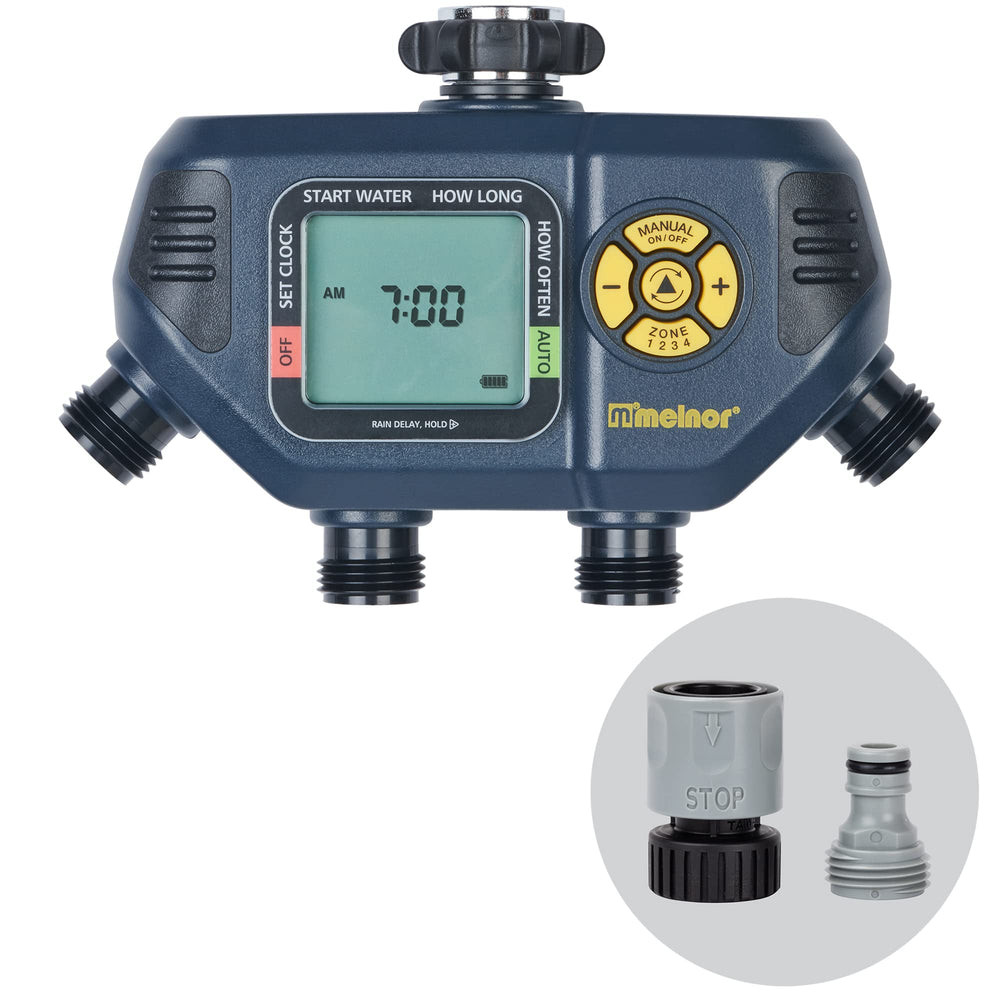 Melnor AquaTimer front panel showing controls and benefits of easy zone setup