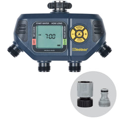 Melnor AquaTimer front panel showing controls and benefits of easy zone setup