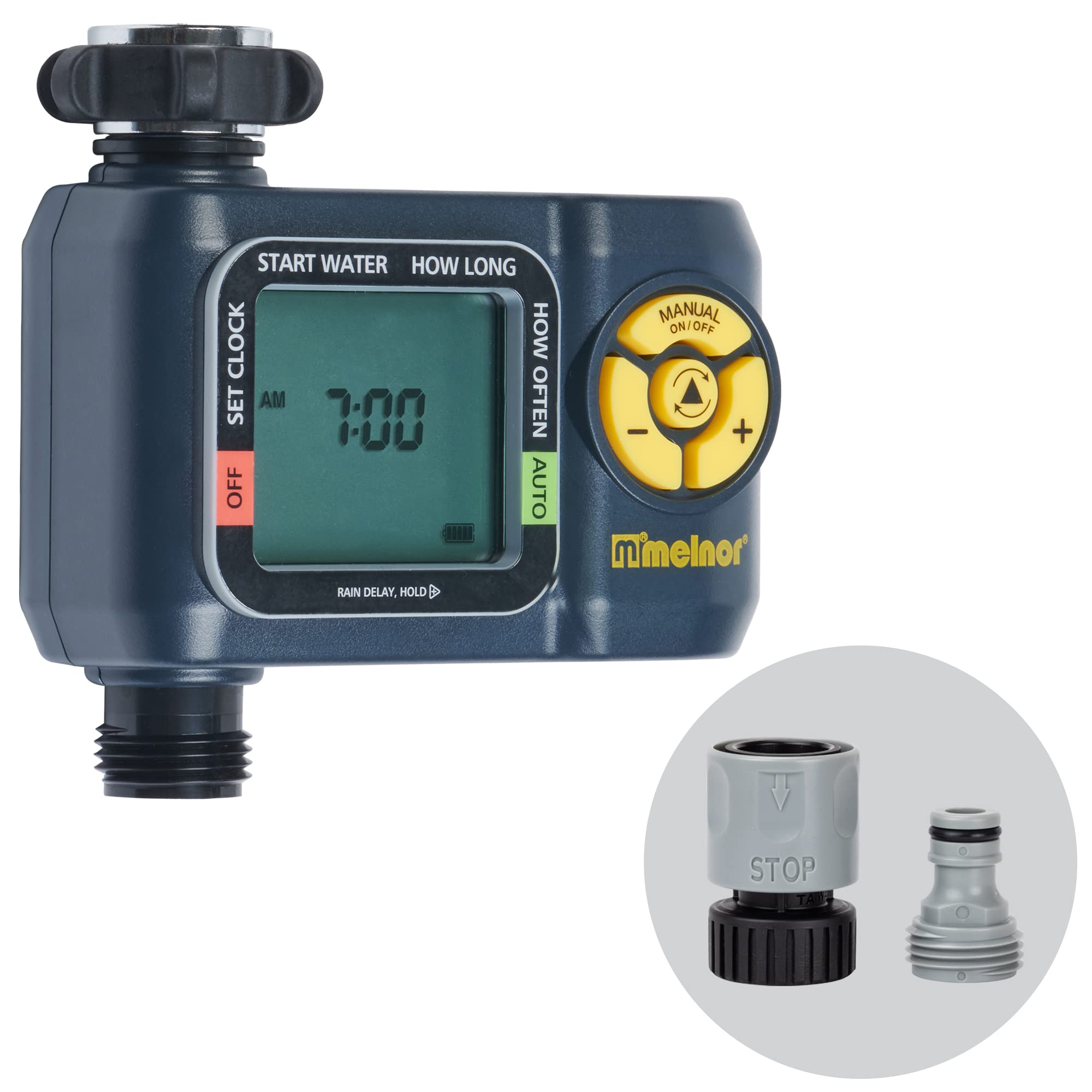 Melnor AquaTimer front view showing compact digital unit for reliable watering