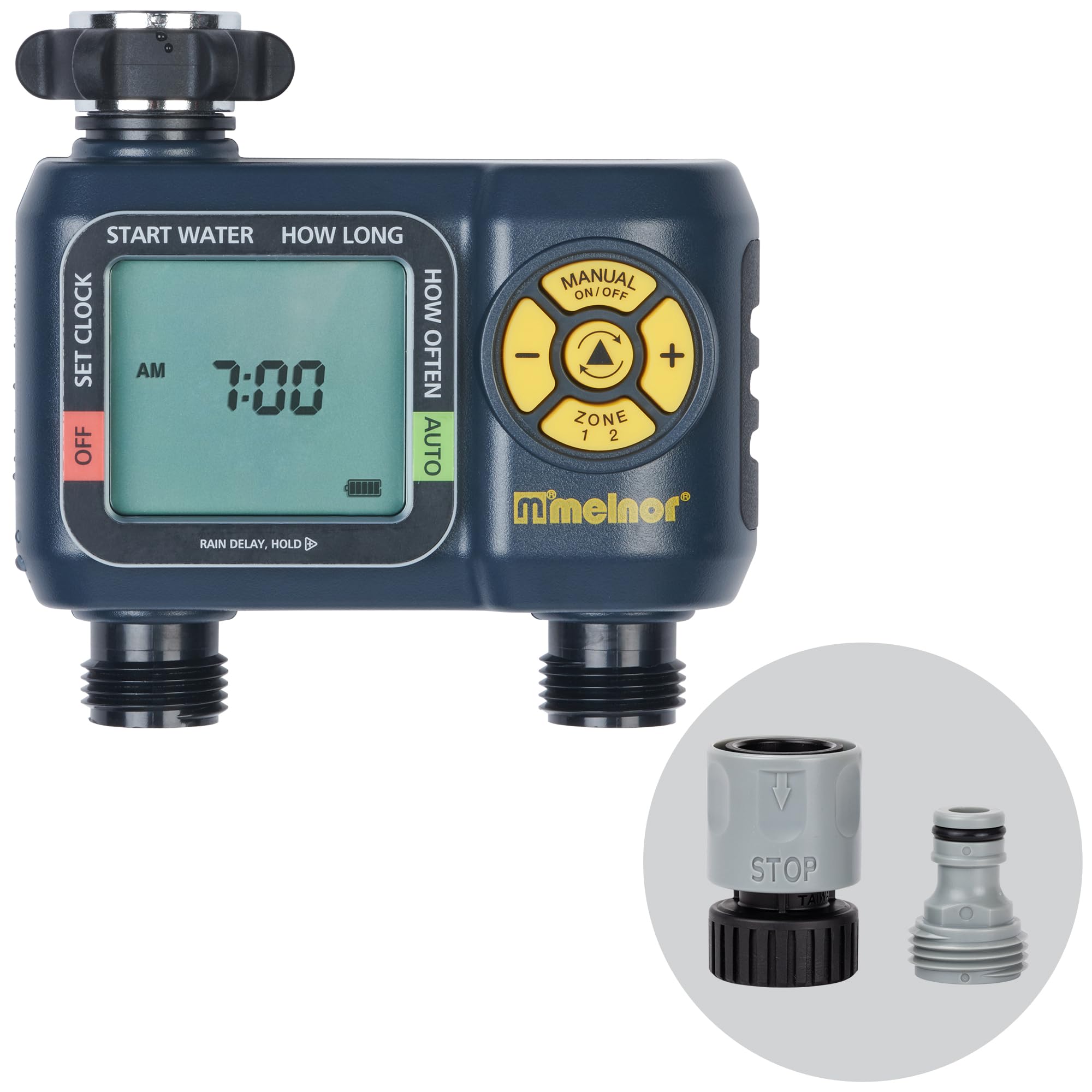 Melnor AquaTimer front display showing programming and durability