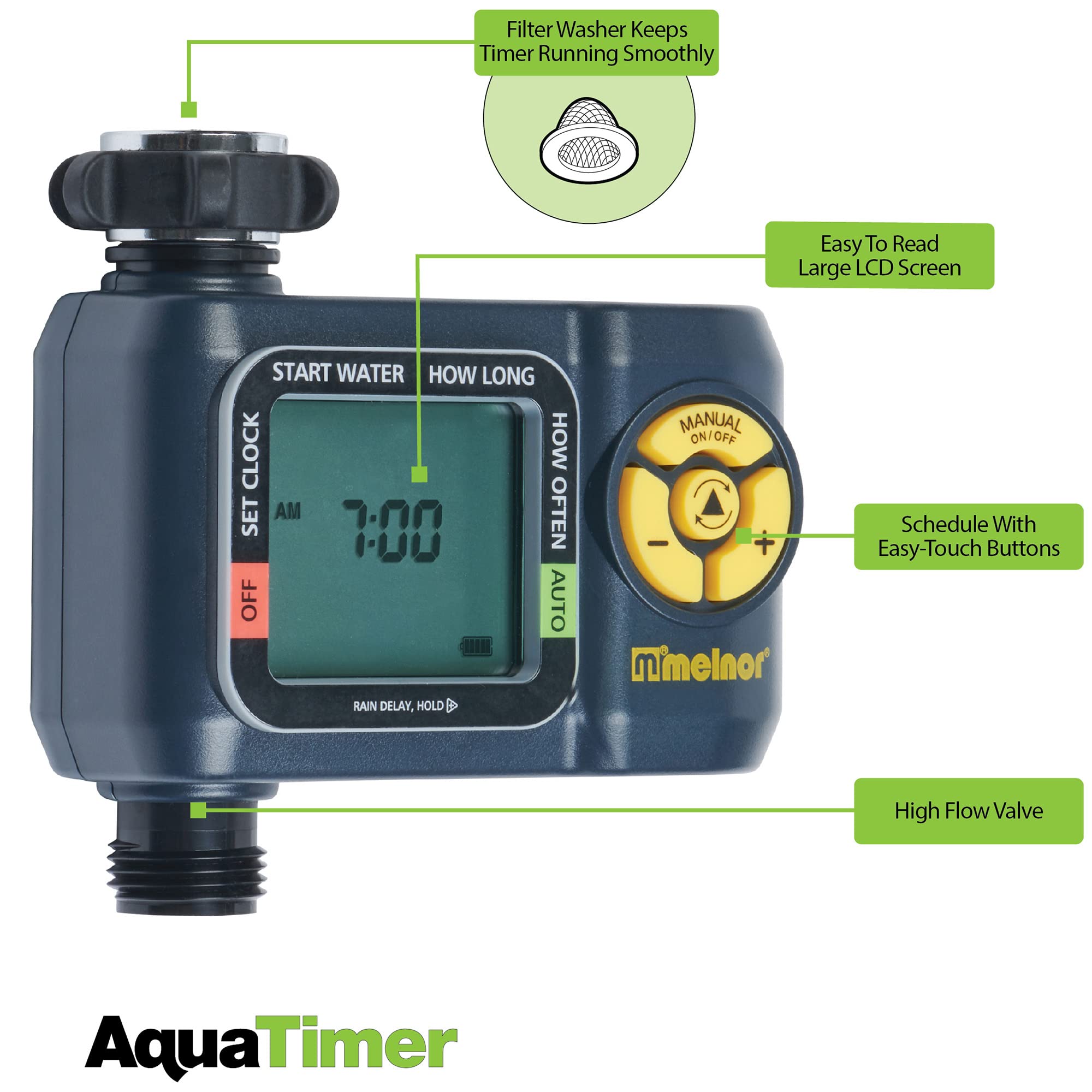 Melnor AquaTimer QuickConnect attached to faucet for fast tool-free hookup