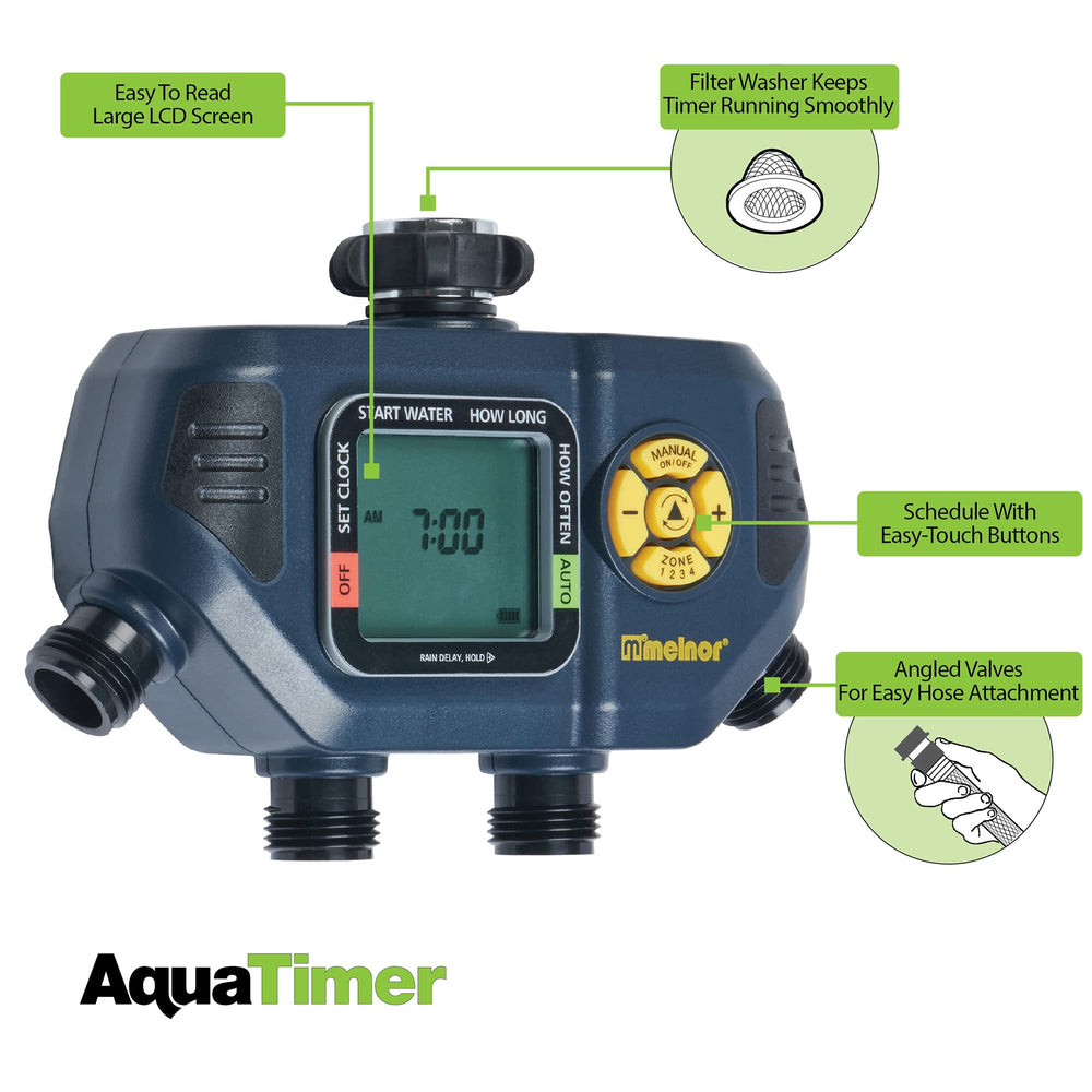 Melnor AquaTimer side view showing four valve connections for independent zones