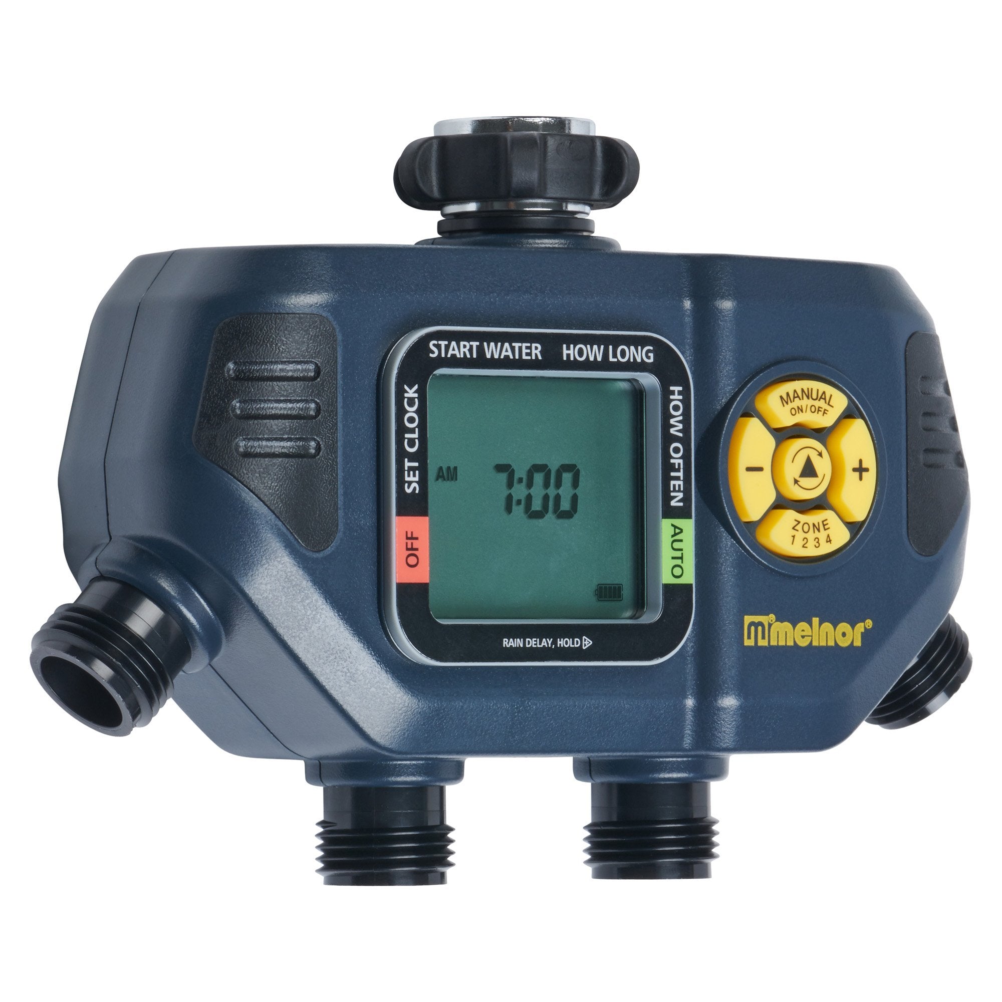 Melnor AquaTimer controlling a soaker hose to maintain consistent garden moisture