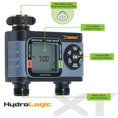 Melnor timer mounted on outdoor spigot demonstrating in-use irrigation control