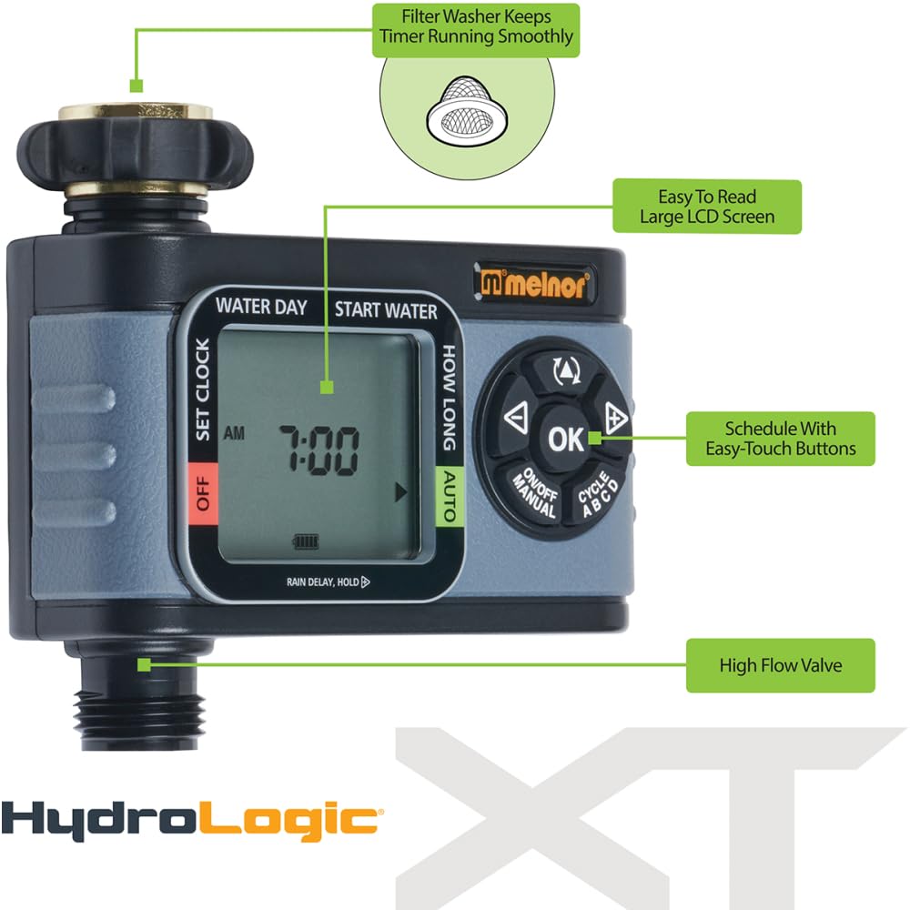 Melnor HydroLogic attached to outdoor spigot controlling a garden hose