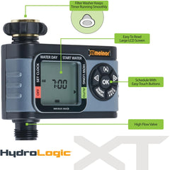 Melnor HydroLogic attached to outdoor spigot controlling a garden hose