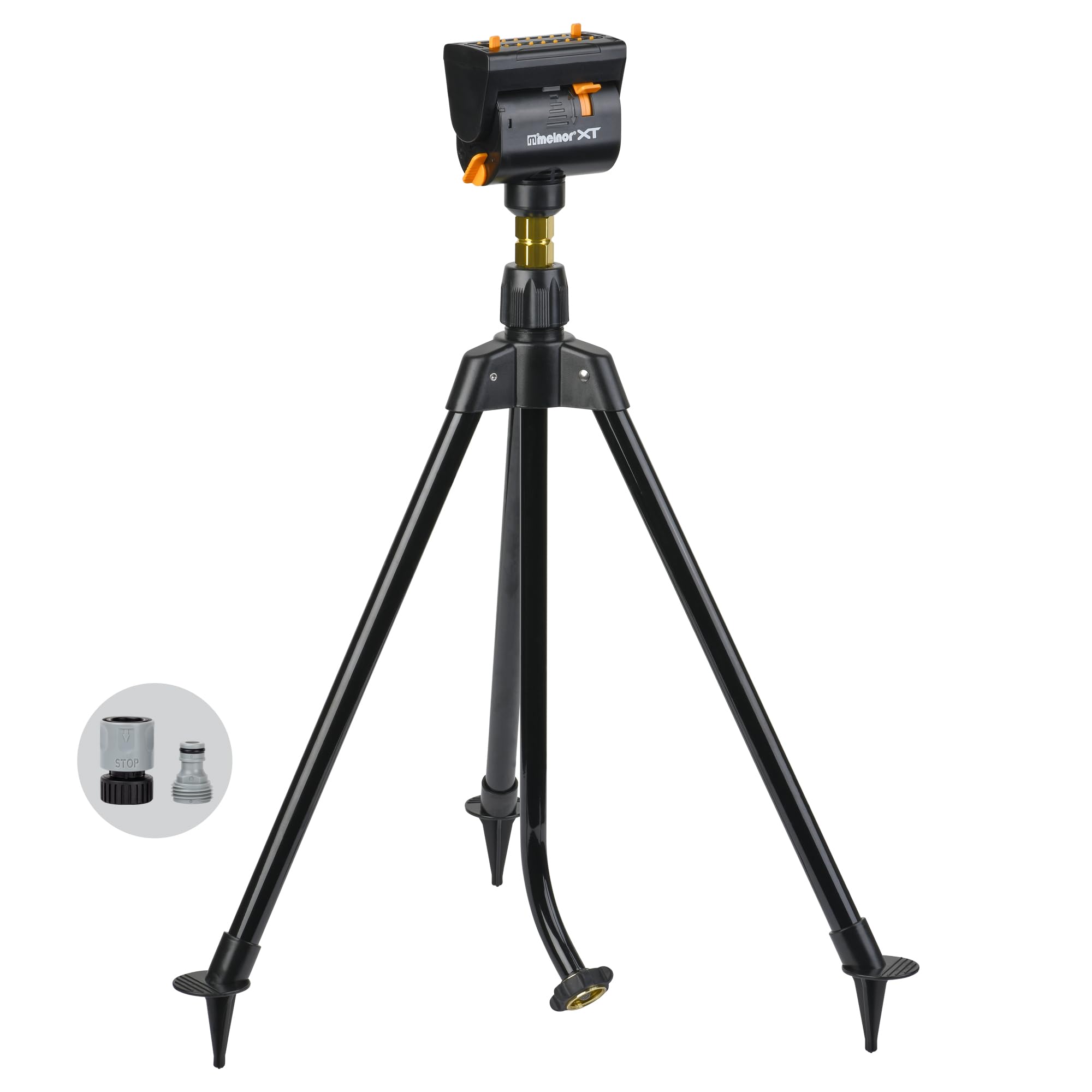Melnor MiniMax tripod front view showing coverage and compact design benefit