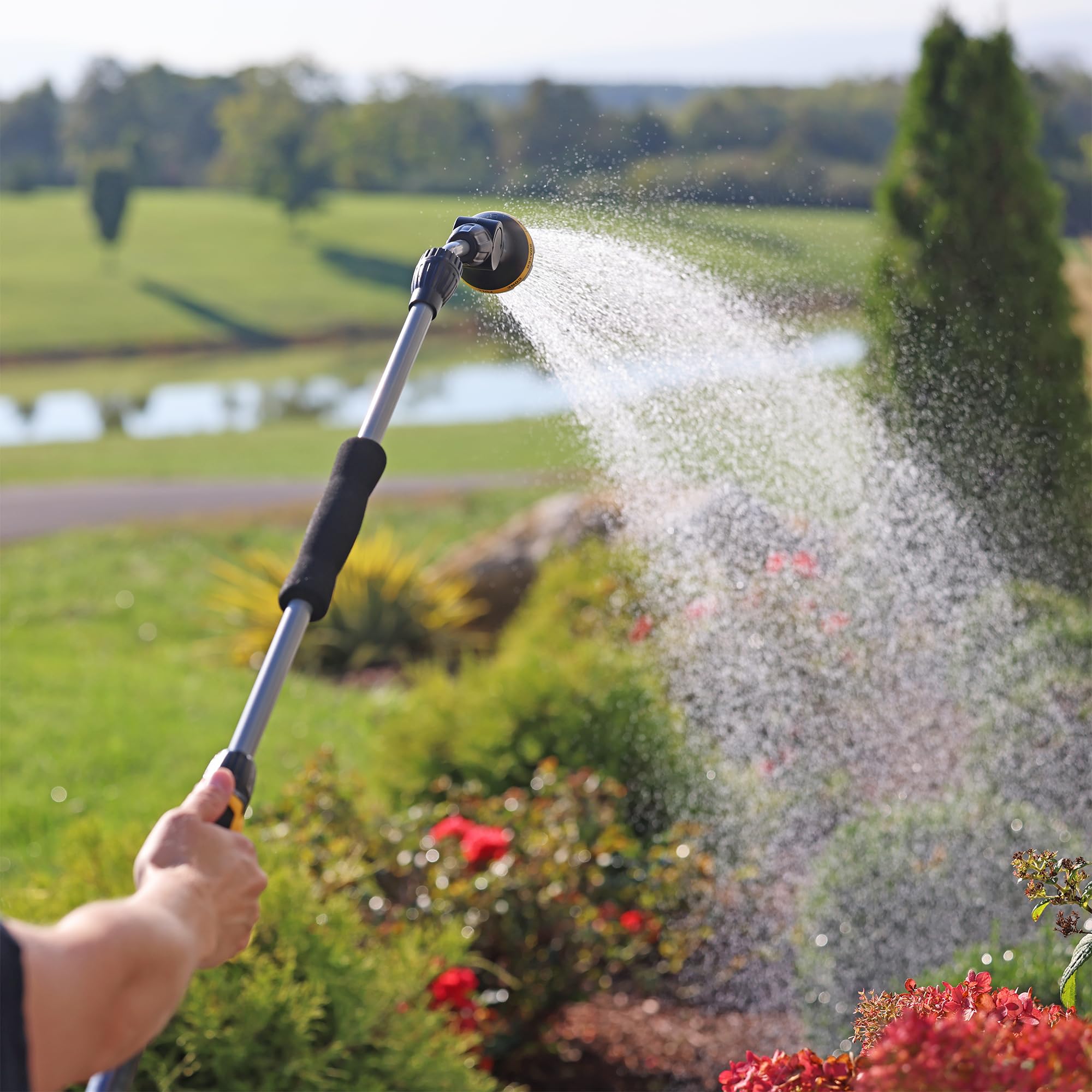Melnor RelaxGrip spraying different patterns on plants and patio, versatile cleaning and watering benefit